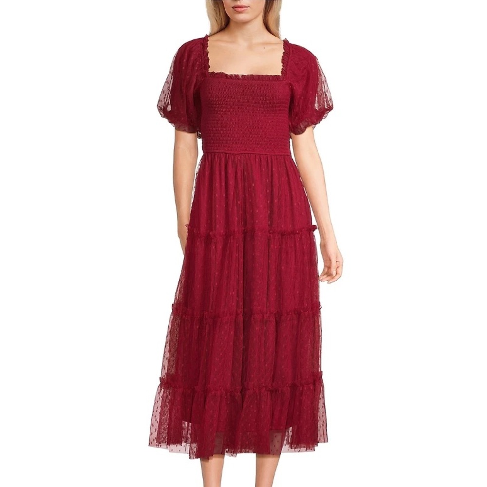 Blu Pepper Mesh Dot Square Neck Short Puff Sleeve Midi Dress